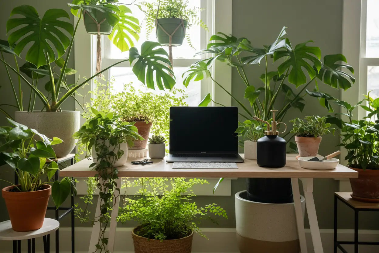 Schlankes schwarzes Laptop mit minimalistischem Design auf Schreibtisch mit Pflanzen und weißer Tastatur