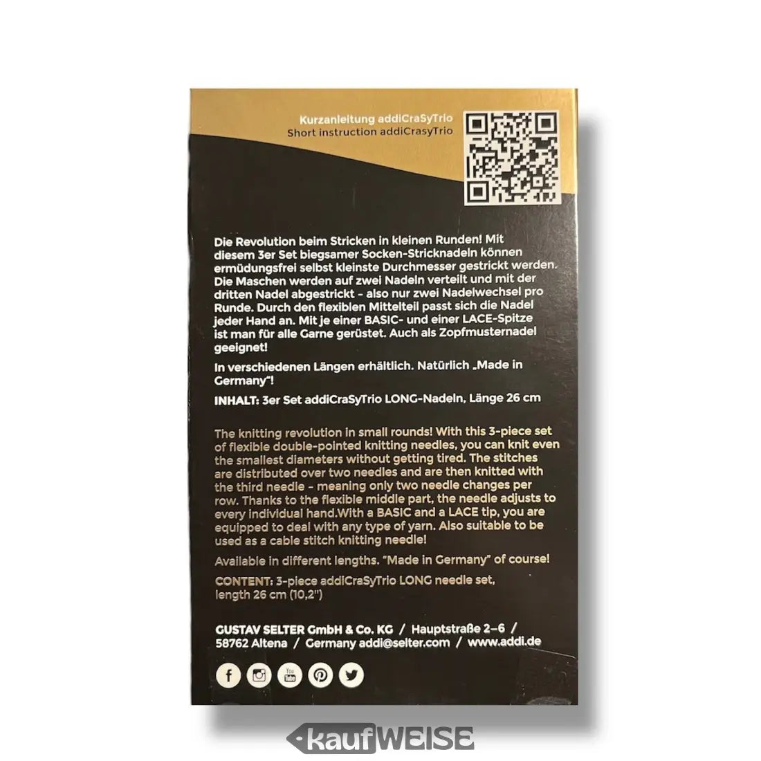 Verpackung für Addi CraSy Trio lange 3er Set 26cm Socken Stricknadeln