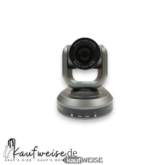 Graue PTZ Konferenzkamera mit schwarzem Objektiv und runder Basis für HuddleCamHD HC10X-GY-G3